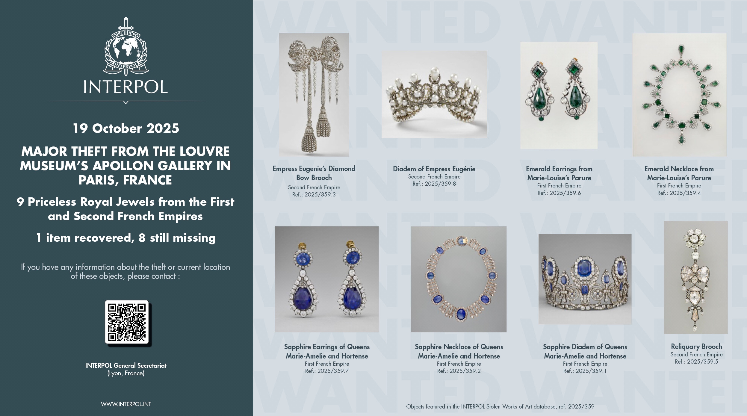 This photo provided Thursday Oct. 23, 2025 by Interpol and taken from its website shows the jewels stolen in the Louvre museum on Sunday Oct.19, 2025 in Paris.